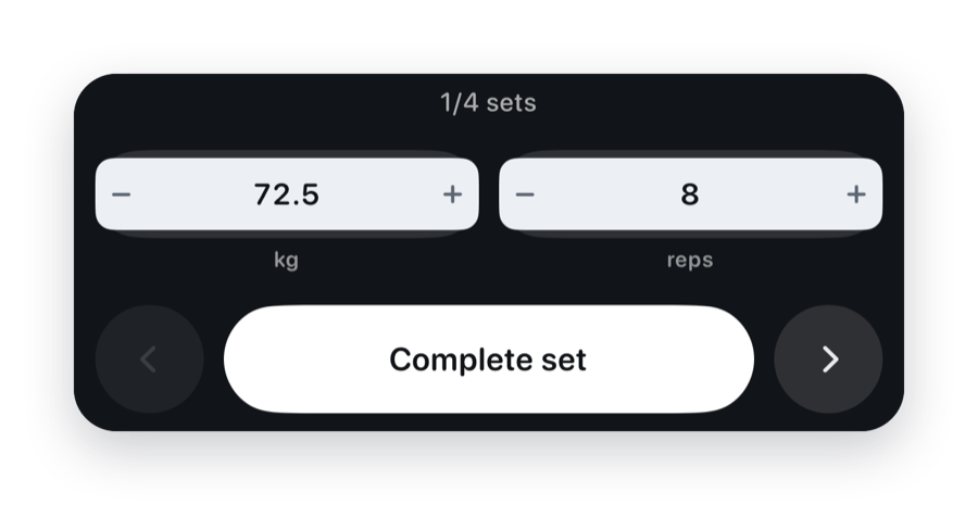 Set logger with weight, reps and a Complete set button