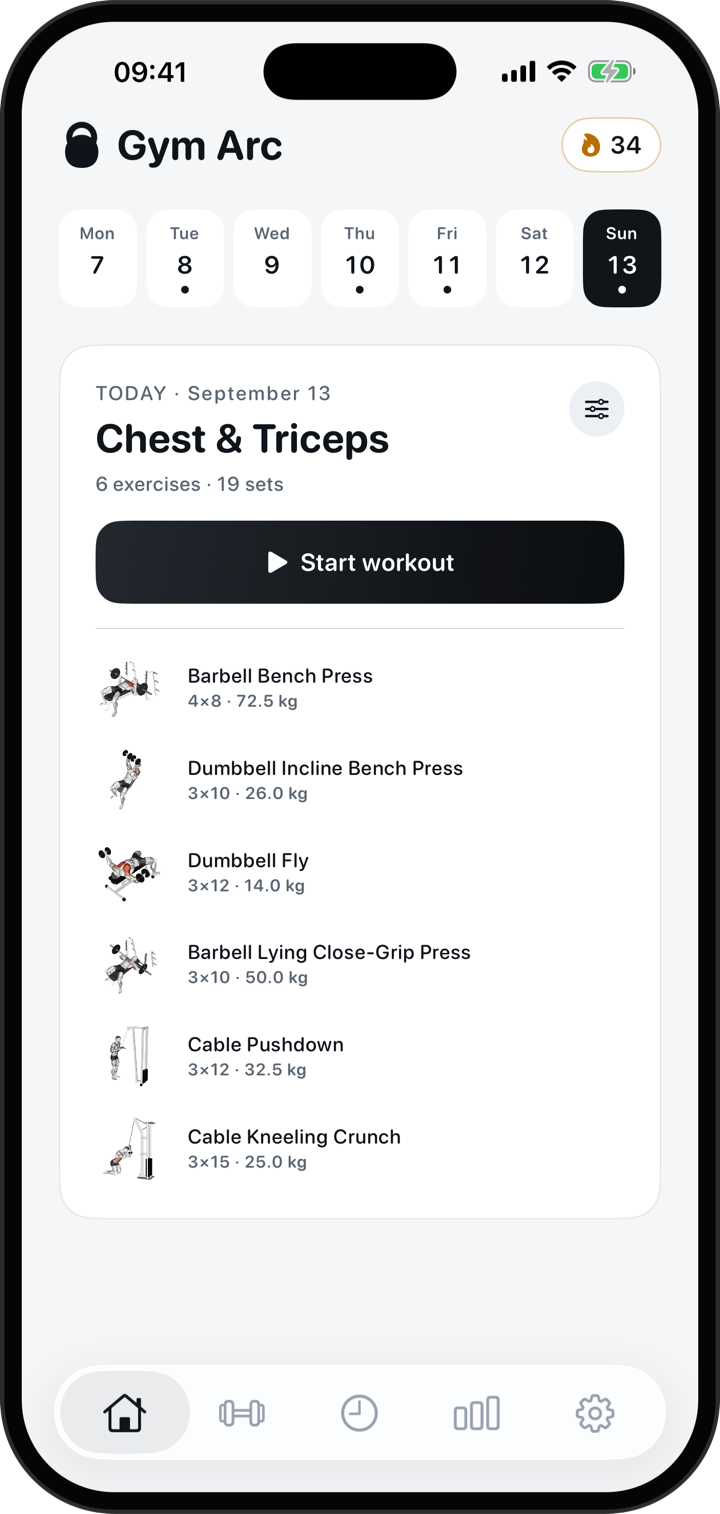 Gym Arc home screen with today's Chest and Triceps workout