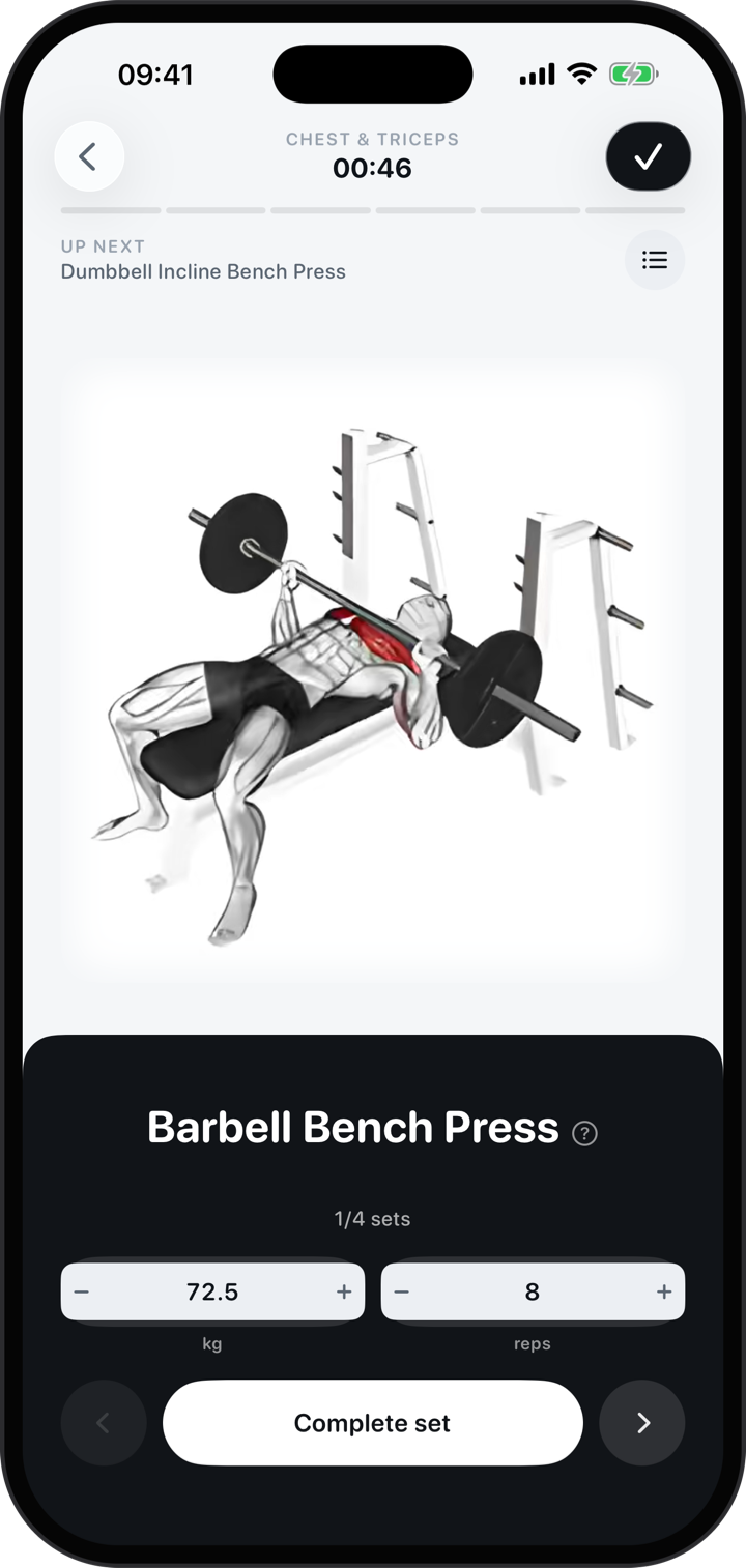 Workout player during Barbell Bench Press